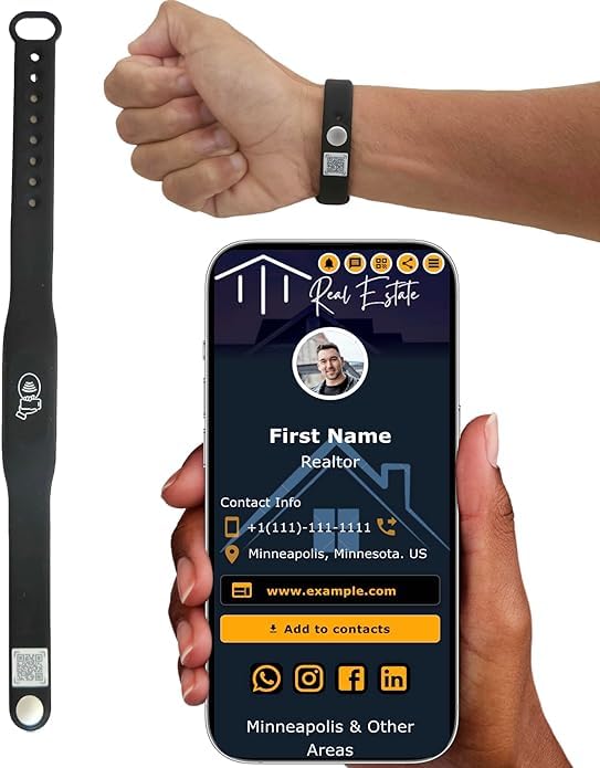 Tap Wrist Band - NFC Tags Digital Business Card - Tap NFC & Scan QR Code Bracelet - No Fee No Subscription - Works on iPhone Android (Black)